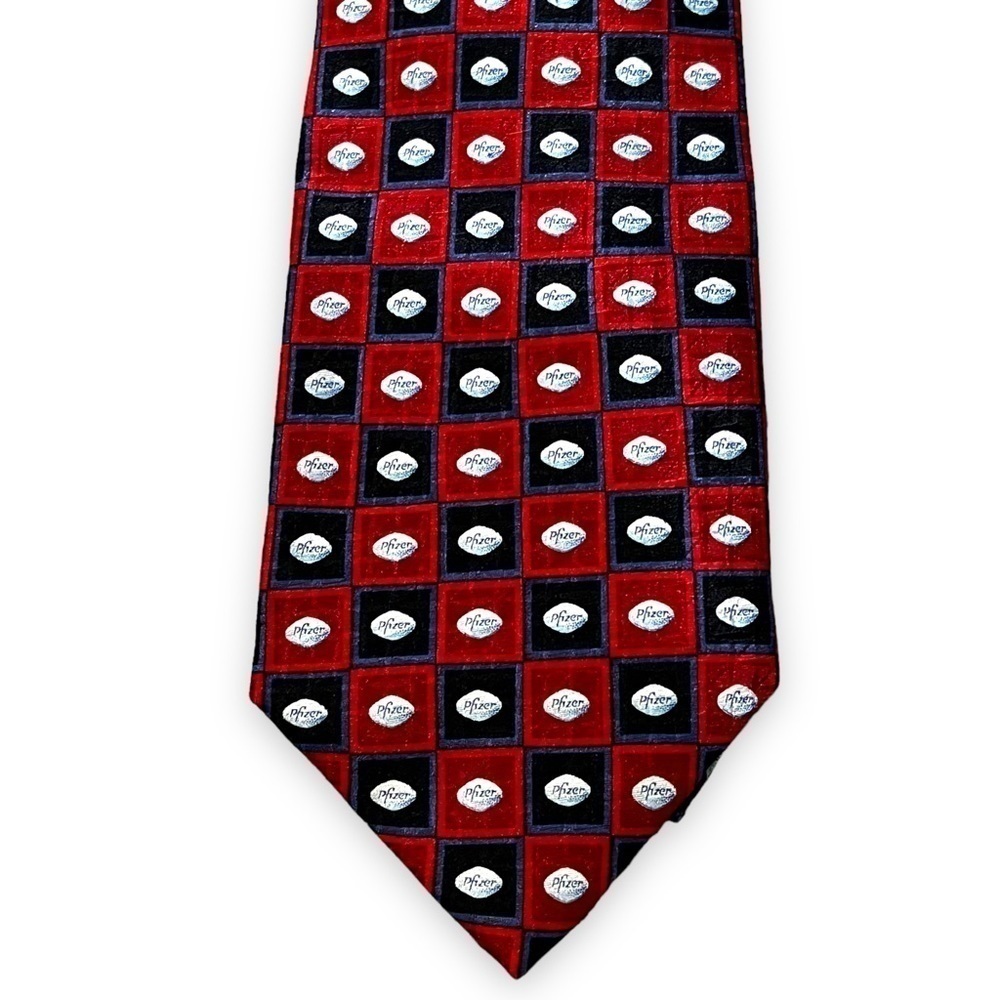 Pfizer Little Blue Pill 100% Silk Tie Pharmaceutical Drug Rep Red Blue Check